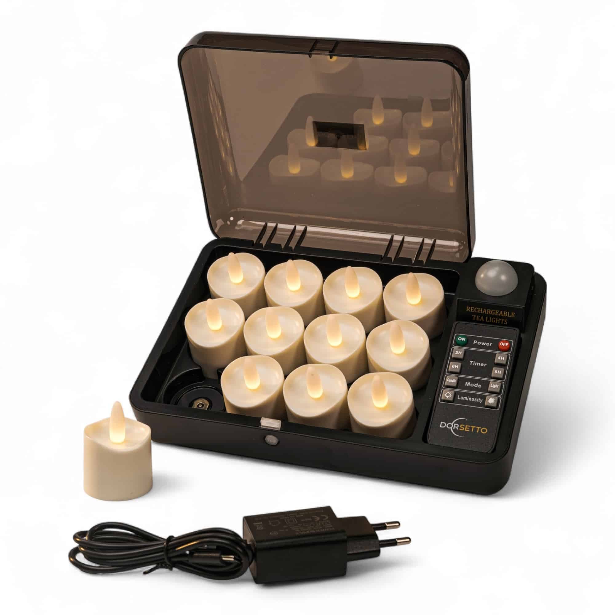 Oplaadbare waxinelichtjes, tot 400 uur brandduur, set van 12, met afstandsbediening, waterdicht, kaarsvet look