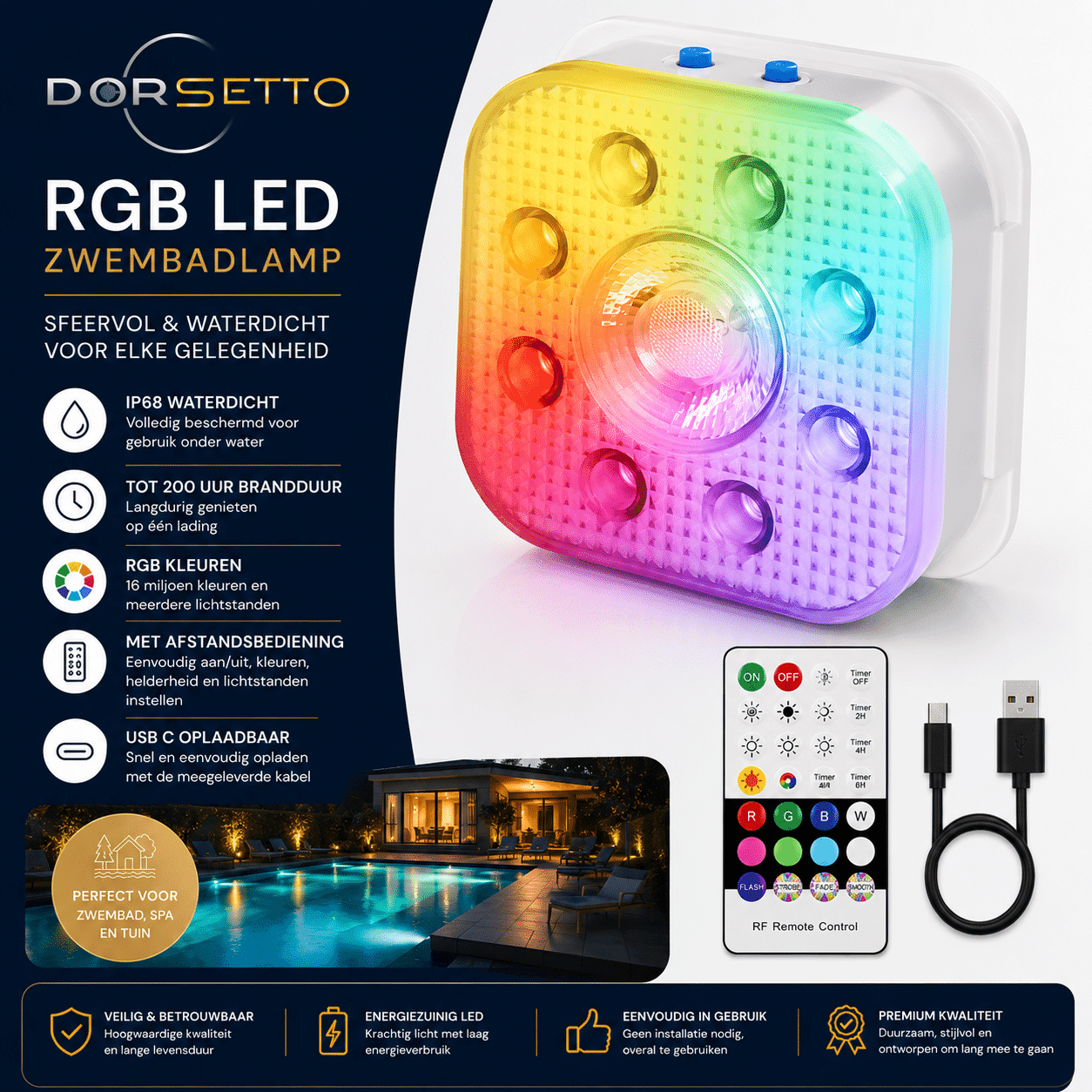 DORSETTO Premium Zwembad Verlichting Oplaadbaar – Tot 200 Uur Brandduur – IP68 Waterdichte LED Onderwater Verlichting – Zwembadlamp met Afstandsbediening – RGB Jacuzzi, Spa en Vijver Verlichting – 2026 Model - afbeelding 4