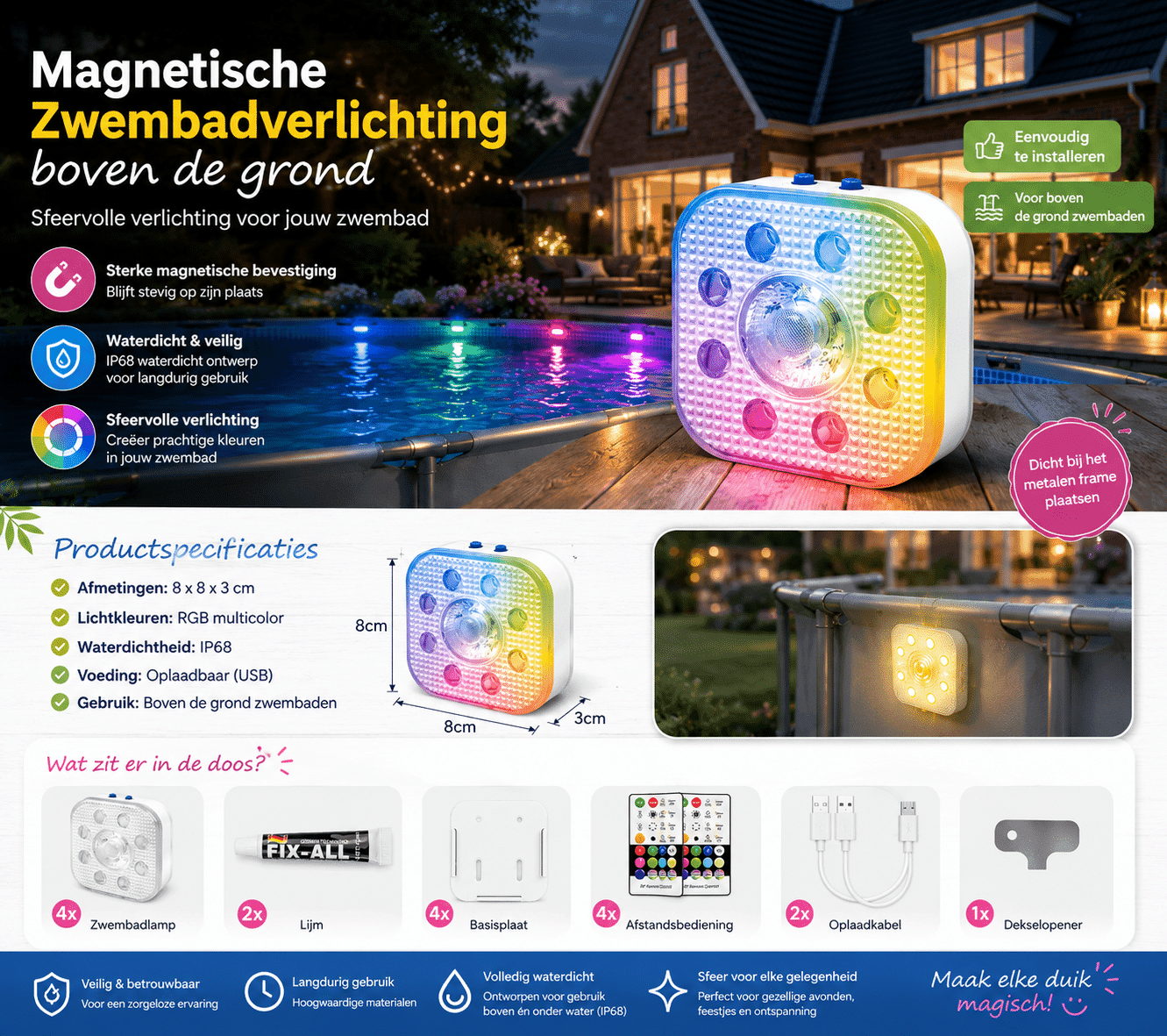 DORSETTO Premium Zwembad Verlichting Set van 8 – Tot 200 Uur Brandduur – IP68 Oplaadbare LED Onderwater Verlichting – RGB Zwembadlampen met Afstandsbediening - afbeelding 5