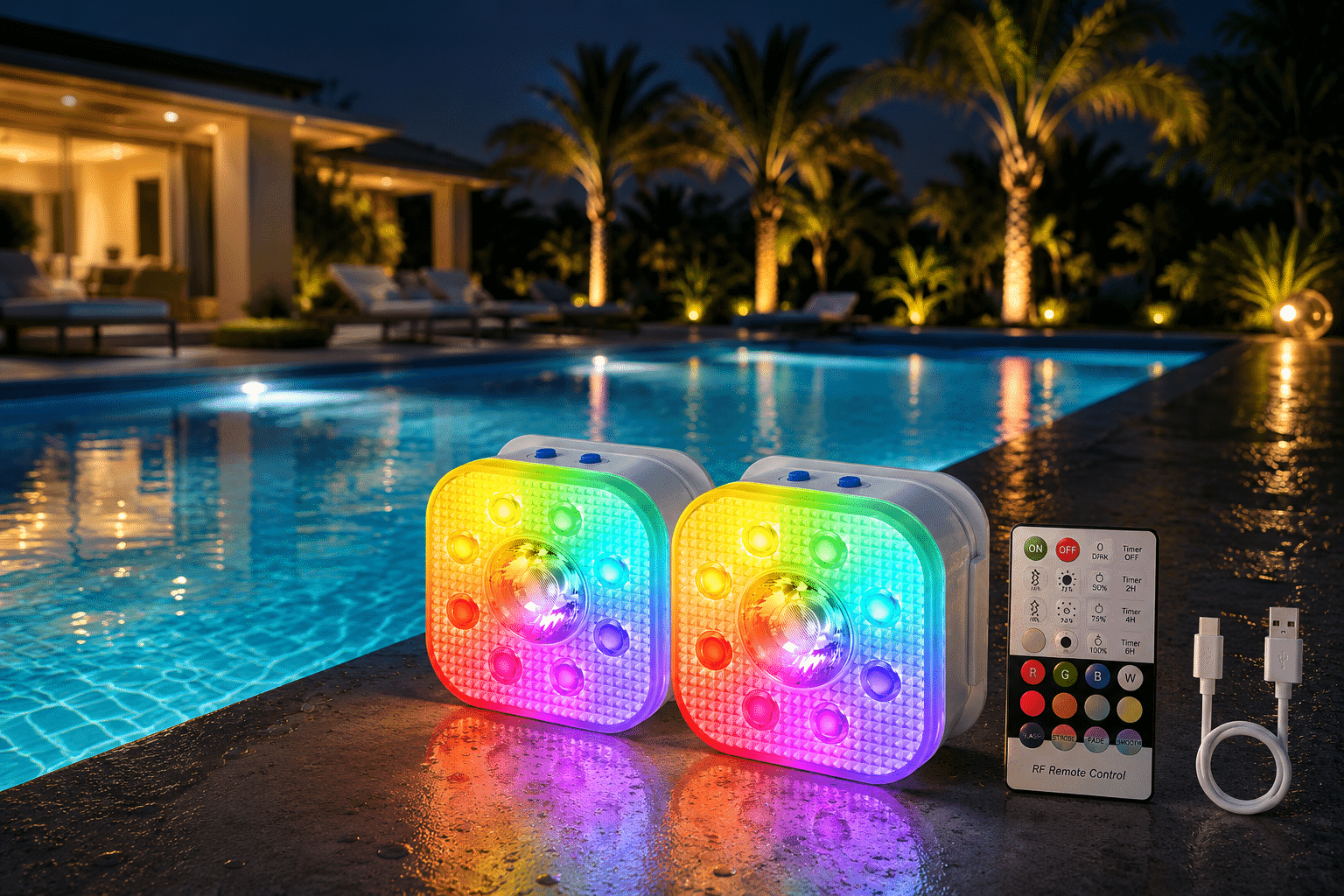 DORSETTO Premium Zwembad Verlichting Set van 2 – Tot 200 Uur Brandduur – Luxe Oplaadbare LED Onderwater Verlichting