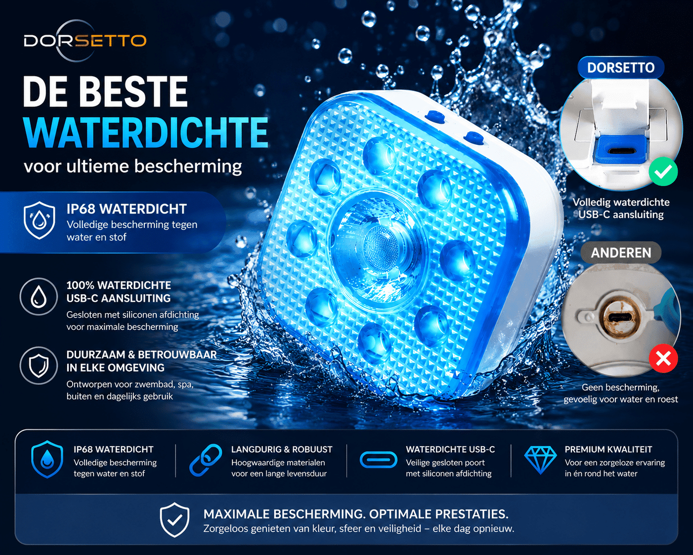 DORSETTO Premium Zwembad Verlichting Set van 8 – Tot 200 Uur Brandduur – IP68 Oplaadbare LED Onderwater Verlichting – RGB Zwembadlampen met Afstandsbediening - afbeelding 2
