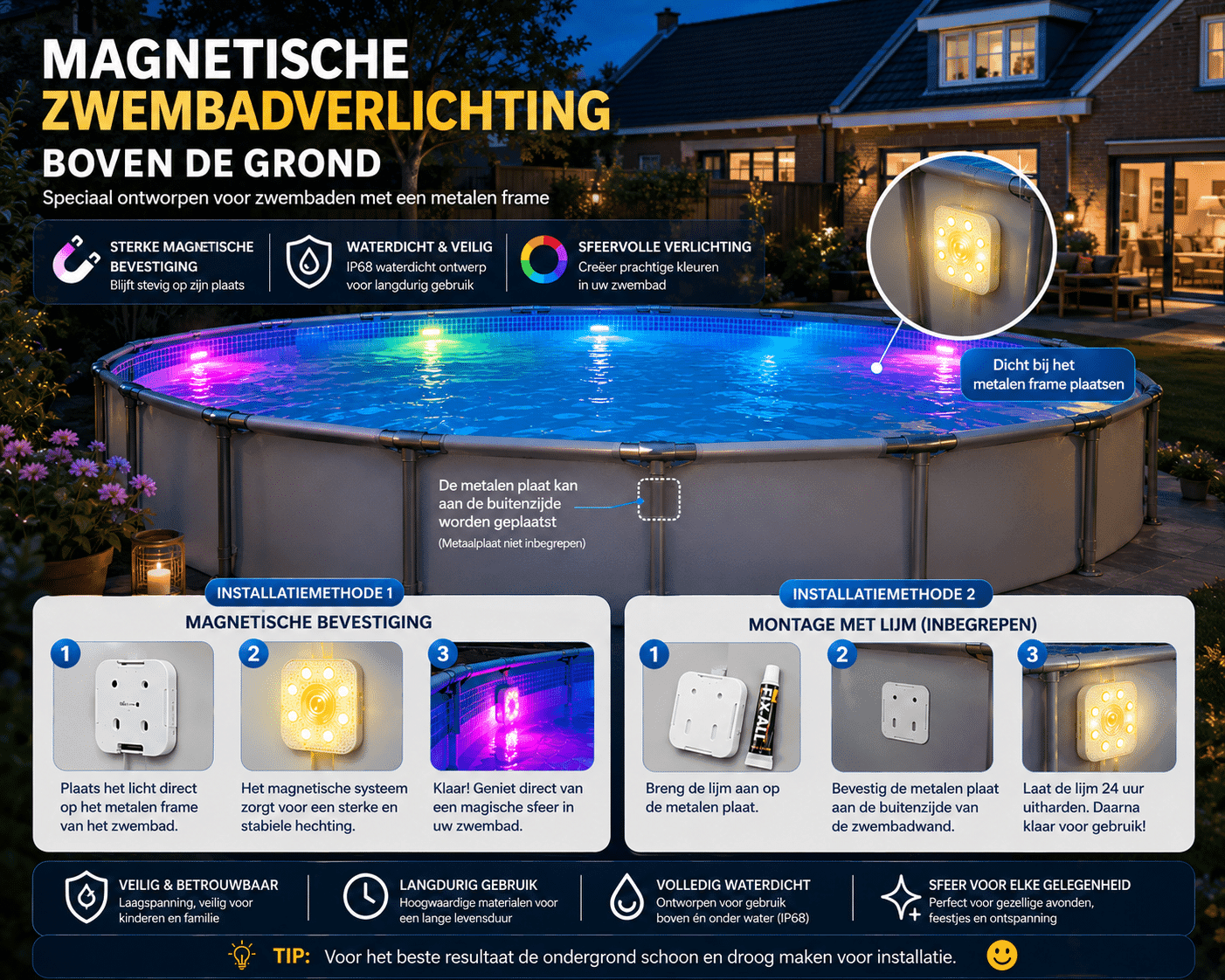 DORSETTO Premium Zwembad Verlichting Oplaadbaar – Tot 200 Uur Brandduur – IP68 Waterdichte LED Onderwater Verlichting – Zwembadlamp met Afstandsbediening – RGB Jacuzzi, Spa en Vijver Verlichting – 2026 Model - afbeelding 6