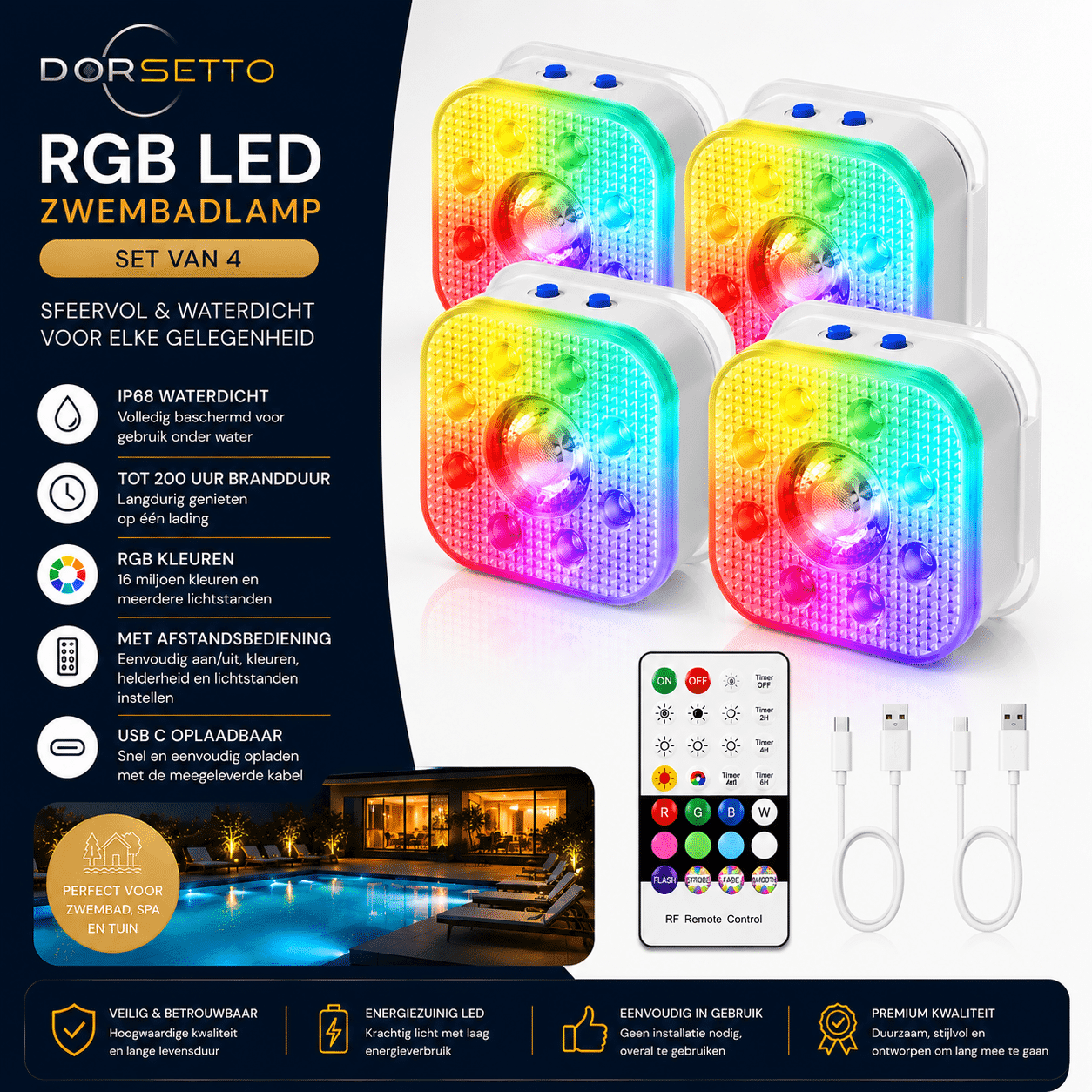 DORSETTO Premium Zwembad Verlichting Set van 4 – Tot 200 Uur Brandduur – Luxe Oplaadbare LED Onderwater Verlichting - afbeelding 4