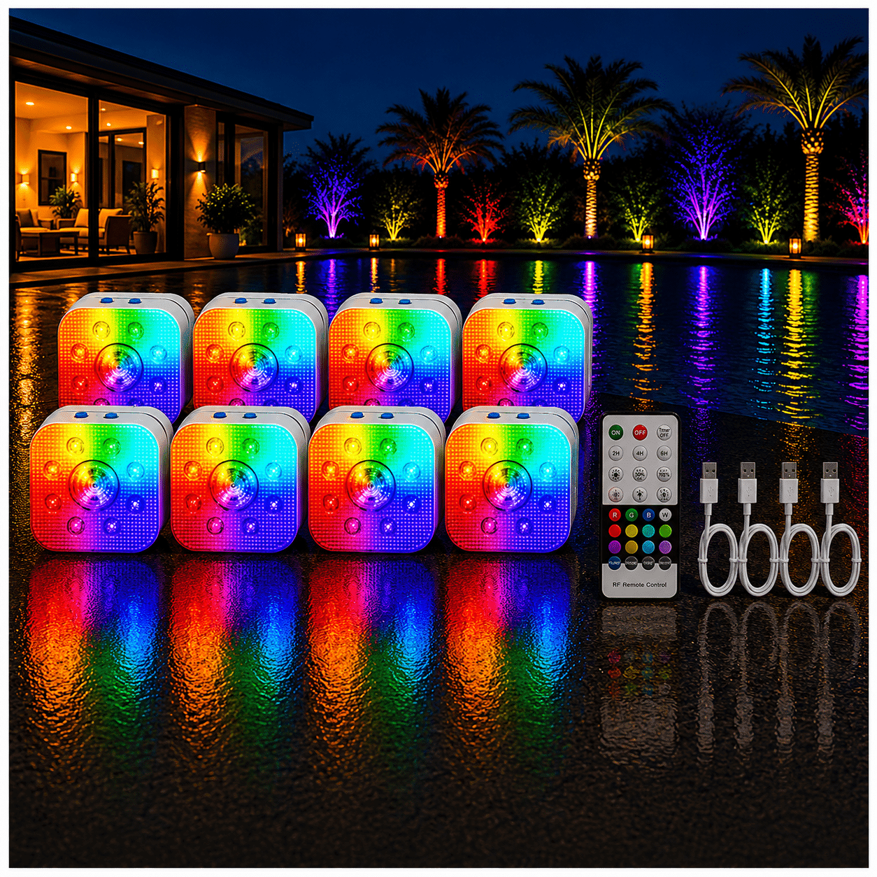 DORSETTO Premium Zwembad Verlichting Set van 8 – Tot 200 Uur Brandduur – IP68 Oplaadbare LED Onderwater Verlichting – RGB Zwembadlampen met Afstandsbediening - afbeelding 1