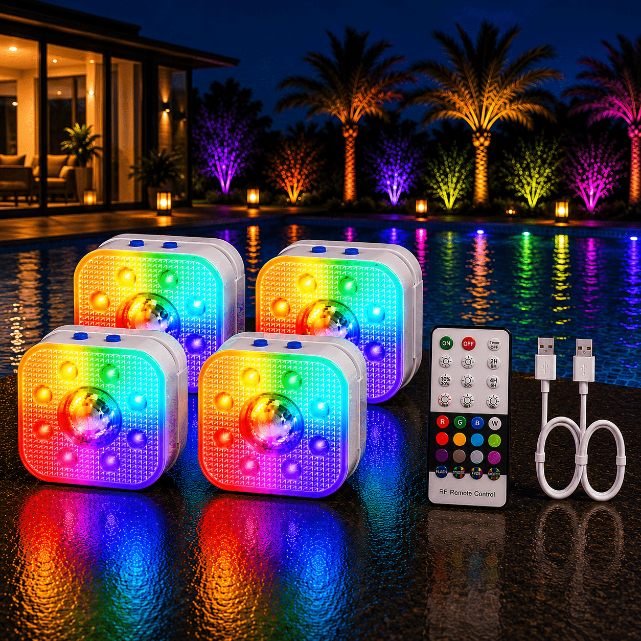 DORSETTO Premium Zwembad Verlichting Set van 4 – Tot 200 Uur Brandduur – Luxe Oplaadbare LED Onderwater Verlichting