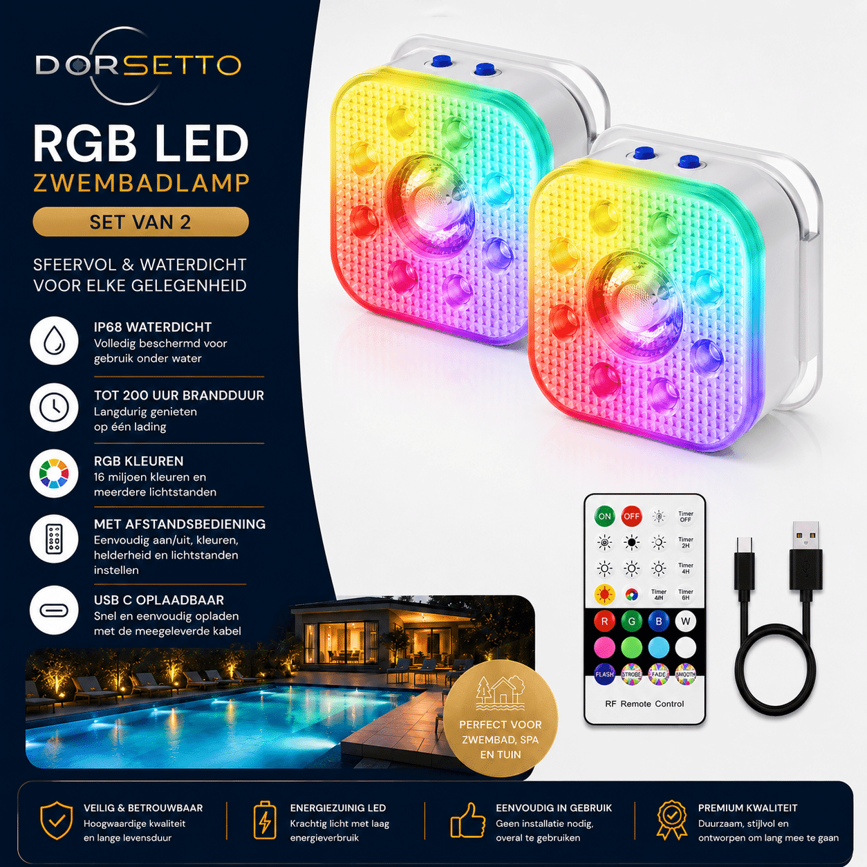 DORSETTO Premium Zwembad Verlichting Set van 2 – Tot 200 Uur Brandduur – Luxe Oplaadbare LED Onderwater Verlichting - afbeelding 4