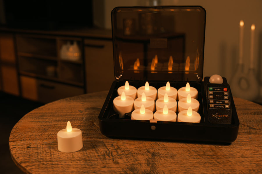 Een set van 12 oplaadbare waxinelichtjes (tot 400 uur brandduur, waterdicht, met afstandsbediening & timer) staat in een zwarte oplaadkoffer op een houten tafel voor een gezellige sfeer; één kaars zit buiten de koffer.
