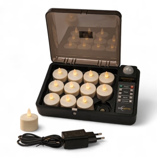 Set van 12 oplaadbare, waterdichte waxinelichtjes met afstandsbediening en timer, tot 400 uur brandduur.