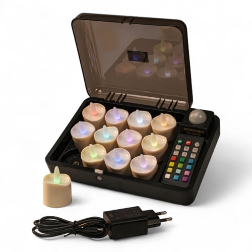 Een set van 12 oplaadbare rgb led theelichtjes, waterdicht en met afstandsbediening, timerfunctie en 68 uur brandtijd. De theelichtjes zijn in verschillende kleuren instelbaar en worden geleverd in een zwarte oplaadkoffer.