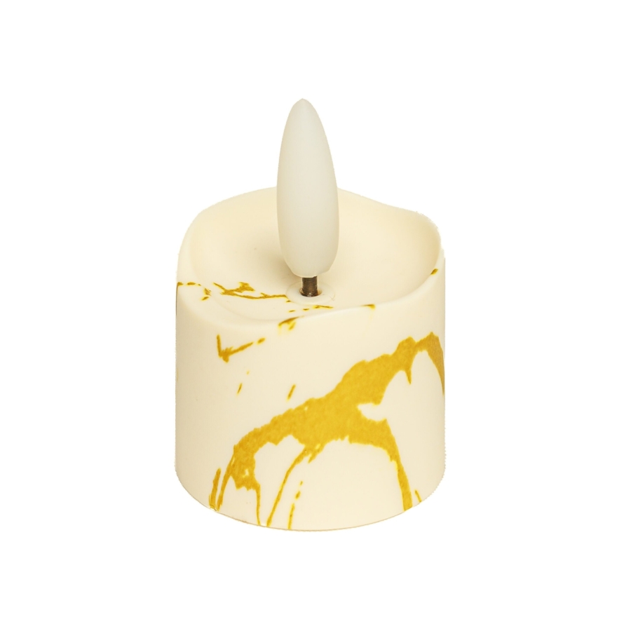 Het Realistisch led waxinelichtje oplaadbaar - marmerlook is een klein, wit led waxinelichtje met een geel gemarmerd patroon en een plastic vlam, weergegeven op een witte achtergrond.