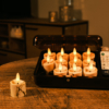 Een set van 12 oplaadbare LED theelichtjes met marmer look en afstandsbediening staat in een open zwarte box op een ronde houten tafel; één kaarsje ligt ernaast. Op de achtergrond is een zacht verlichte woonkamer zichtbaar.
