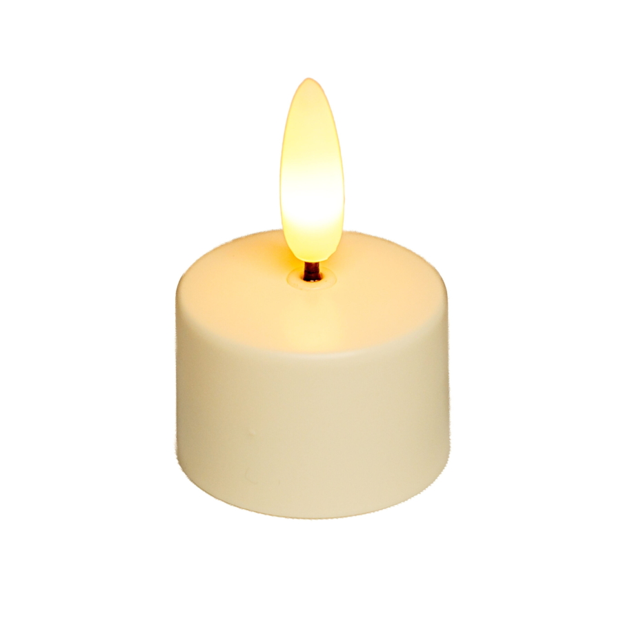 Een enkel oplaadbaar LED waxinelichtje met timerfunctie en een brandtijd van 175 uur, alleen afgebeeld tegen een effen witte achtergrond.