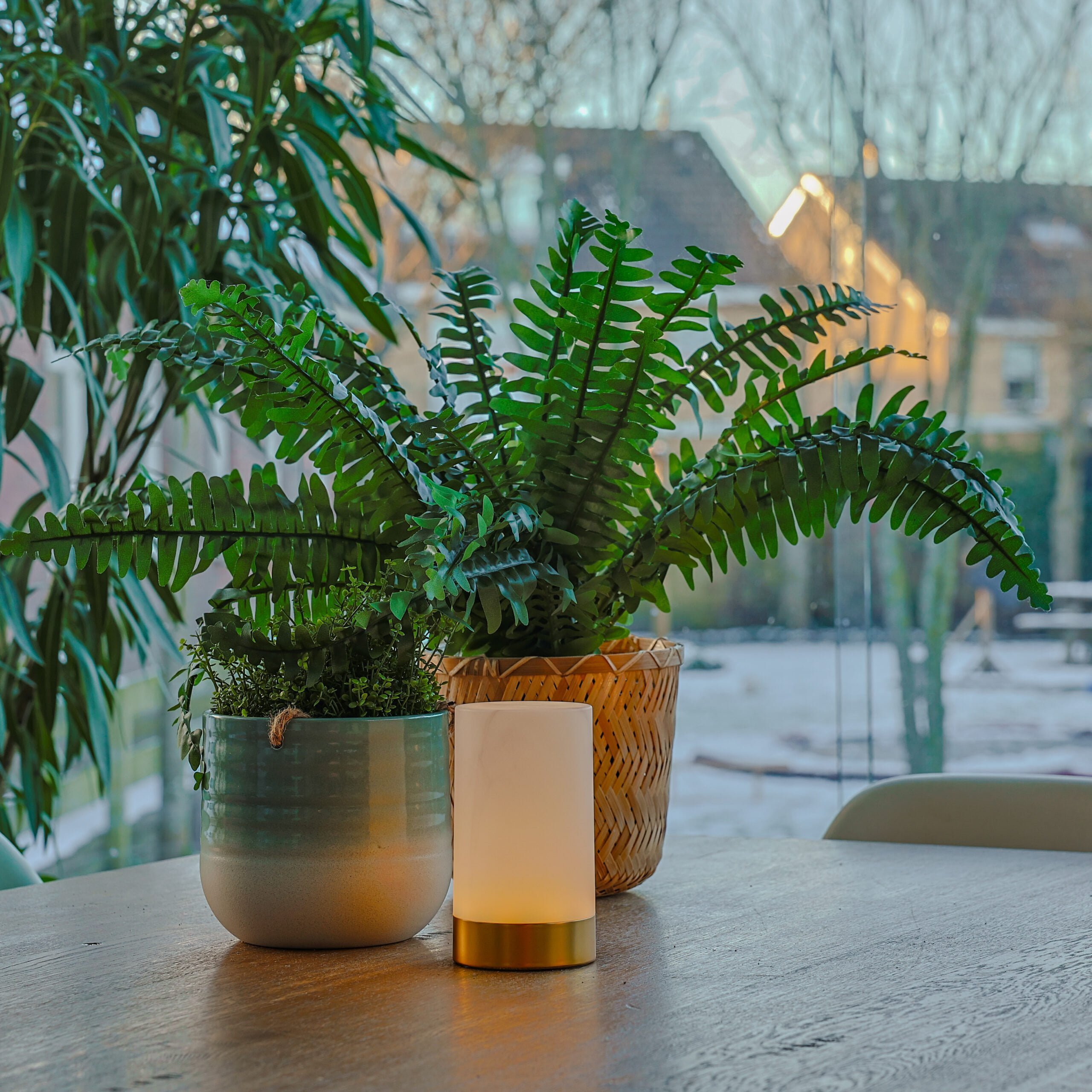 Een tafellamp op tafel met erachter twee bloempotten