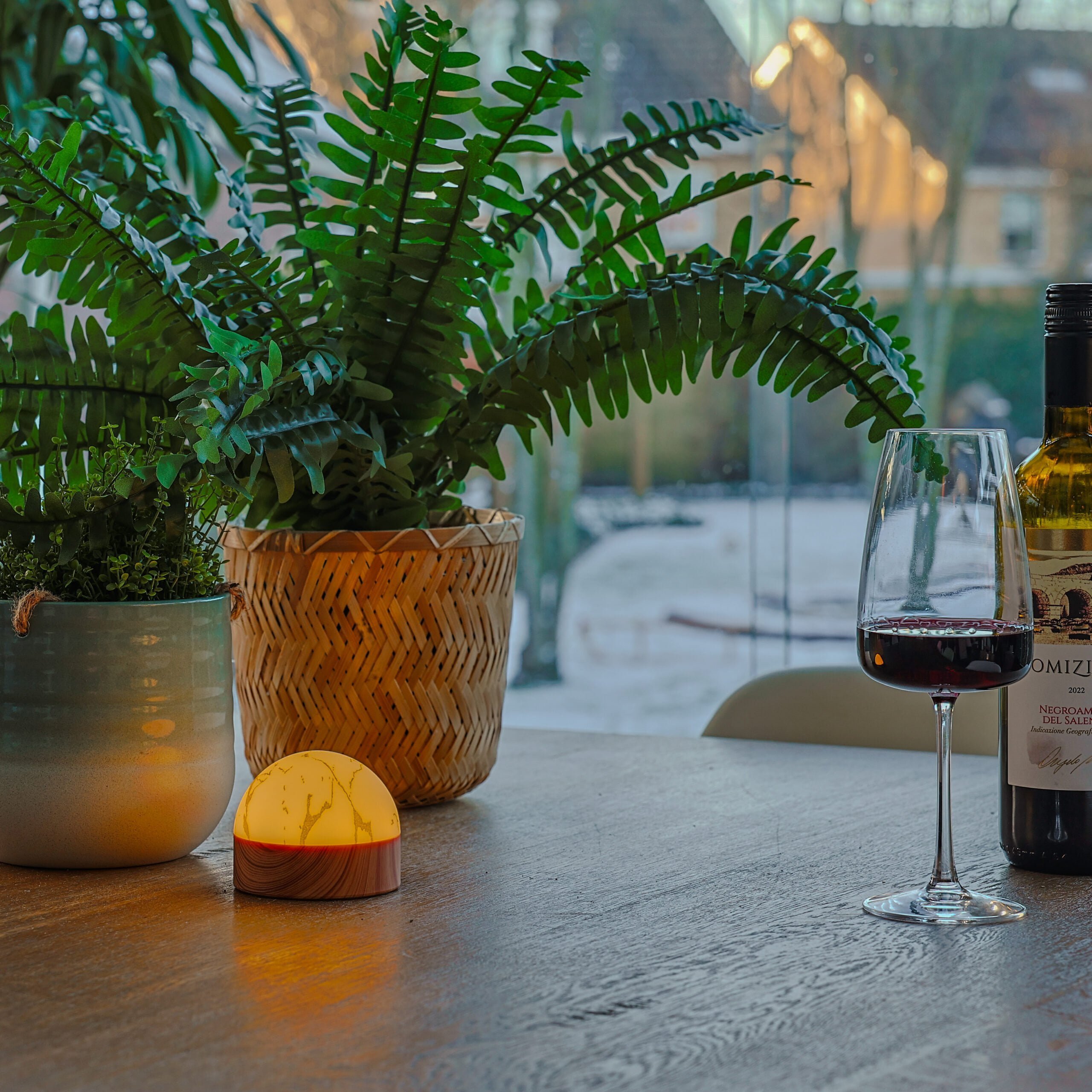 tafellamp naast twee plantenpotten en een glas gevuld met wijn