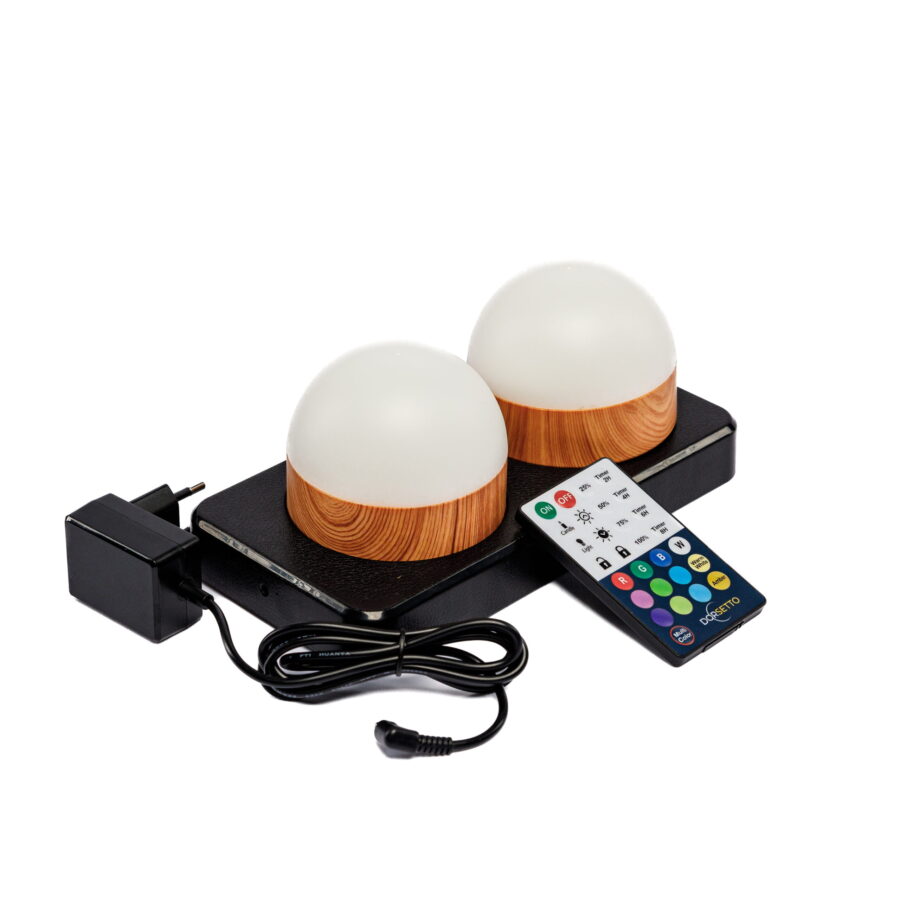 Een set van 2 oplaadbare LED tafellampen in bolvorm met hout-look, waterdicht en voorzien van timerfunctie, geleverd met laadstation, afstandsbediening en adapter.