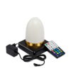 Een 1 oplaadbare led tafellamp, waterdicht en ovaal in wit goud, staat op een zwarte vierkante voet. Voor de lamp liggen een adapter en een afstandsbediening met kleurrijke knoppen voor de timerfunctie en lichtinstellingen.