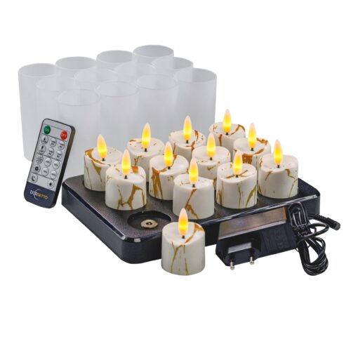 Set van 12 oplaadbare led theelichtjes in marmer look, met 175 uur brandtijd, afstandsbediening, frosted houders en oplaadtray. Ze geven een warmgele gloed en worden geleverd met adapter.
