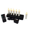 De LED dinerkaars oplaadbaar 97mm warm met 6 stuks met afstandsbediening bevat zes oplaadbare kaarsen met vlamvormige lampjes, zwarte oplaadbasis, afstandsbediening en adapter. Eén kaars is los van het oplaadstation.