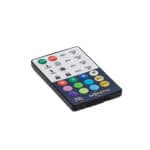 De Afstandsbediening tafellampen dorsetto is een zwarte afstandsbediening voor LED-lampen, met gekleurde knoppen (rood, groen, blauw, wit, amber), instellingen voor helderheid en timer, plus aan/uit-knoppen - alles op een witte achtergrond.