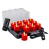 Een set van 12 oplaadbare waxinelichtjes led theelichtjes (rood), met realistisch en waterdicht ontwerp, timerfunctie, tot 175 uur brandtijd-geleverd met zwarte laadstation, afstandsbediening, adapter en 12 matte houders.