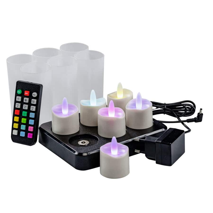 Een set van 6 oplaadbare waxinelichtjes, RGB multicolor, waterdicht, met afstandsbediening, timerfunctie en 68 uur brandtijd.