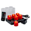 Een set van zes rode, realistische, waterbestendige LED oplaadbare waxinelichtjes met timerfunctie en 175 branduren, inclusief oplaadbasis, afstandsbediening, voedingsadapter, USB-kabel en zes matte kaarsenhouders.