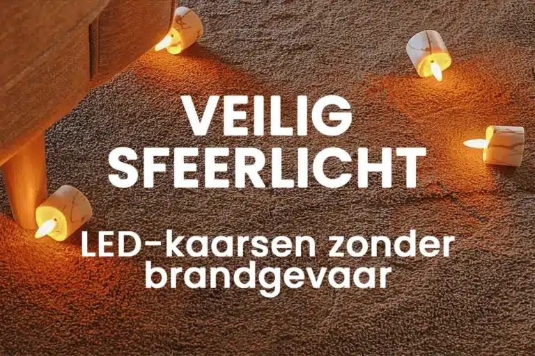 Drie led-kaarsen verspreiden warm licht op een vloerbedekking in de buurt van meubels. De nederlandse tekst luidt: "veilig sfeerlicht led-kaarsen zonder merkgevaar"-waarmee de veiligheid van led waxinelichtjes voor gezellige, brandvrije sfeerverlichting wordt benadrukt.