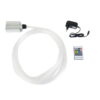 LED Sterrenhemel RGB (180 sterren) met afstandsbediening: een transparante glasvezel kabel, zilveren control box, zwarte adapter en compacte rechthoekige afstandsbediening met kleurknoppen op een witte achtergrond.