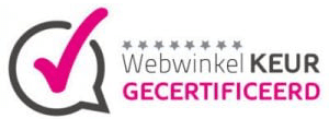 Logo met een roze vinkje in een tekstballon, naast de tekst webwinkel keur gecertificeerd met sterretjes erboven, waarmee de certificering voor een webwinkel wordt aangegeven.