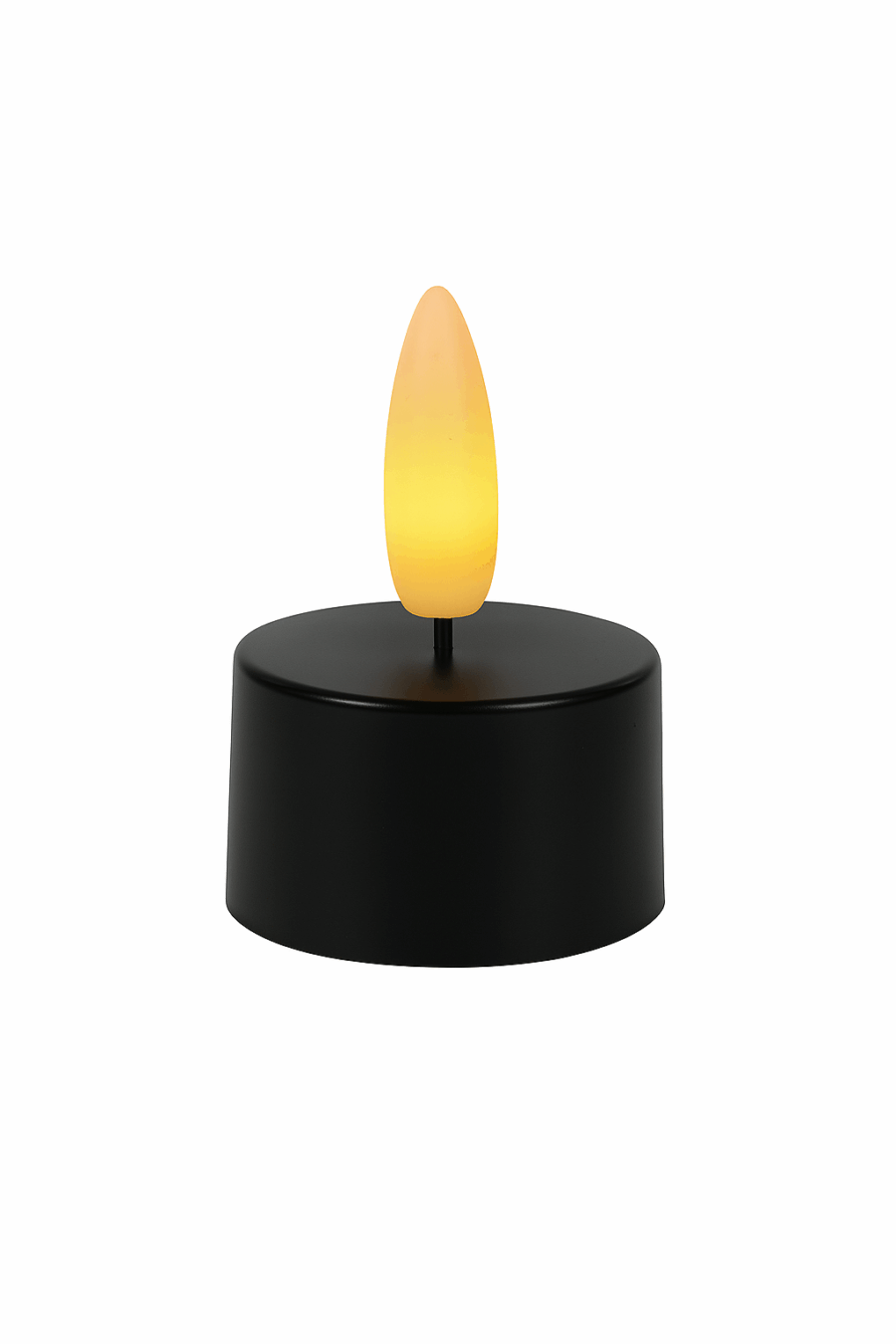 De Led waxinelichtjes Off-Black No.57 is een klein zwart led waxinelichtje met een realistisch warmwit vlameffect en een brandtijd van 175 uur, afgebeeld tegen een effen witte achtergrond.