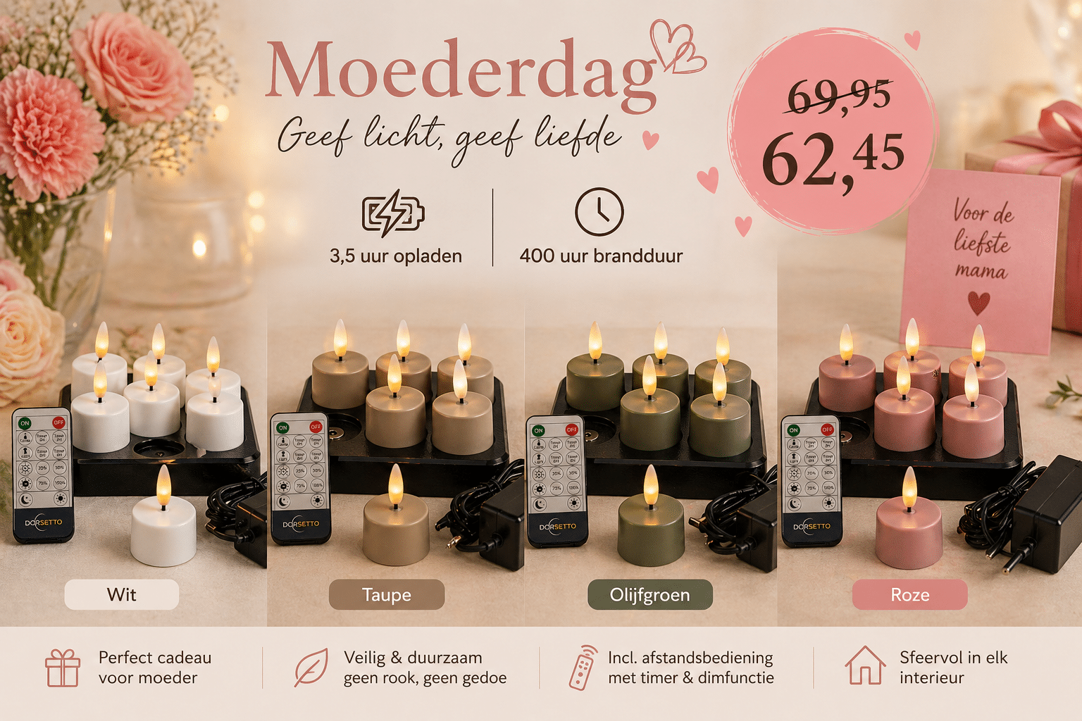 Een cadeauset voor moederdagkaarsen met vlamloze LED-kaarsen in wit, taupe, groen en roze. De set bevat afstandsbedieningen en opladers en wordt gepromoot als veilig en duurzaam. Afgeprijsd op €62,45.