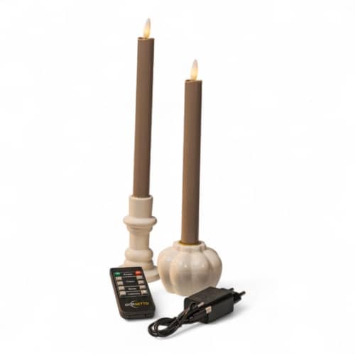 Twee bruine LED-kaarsen met witte voet, een zwarte afstandsbediening met de naam Delietto en een zwarte stroomadapter staan op een witte achtergrond.
