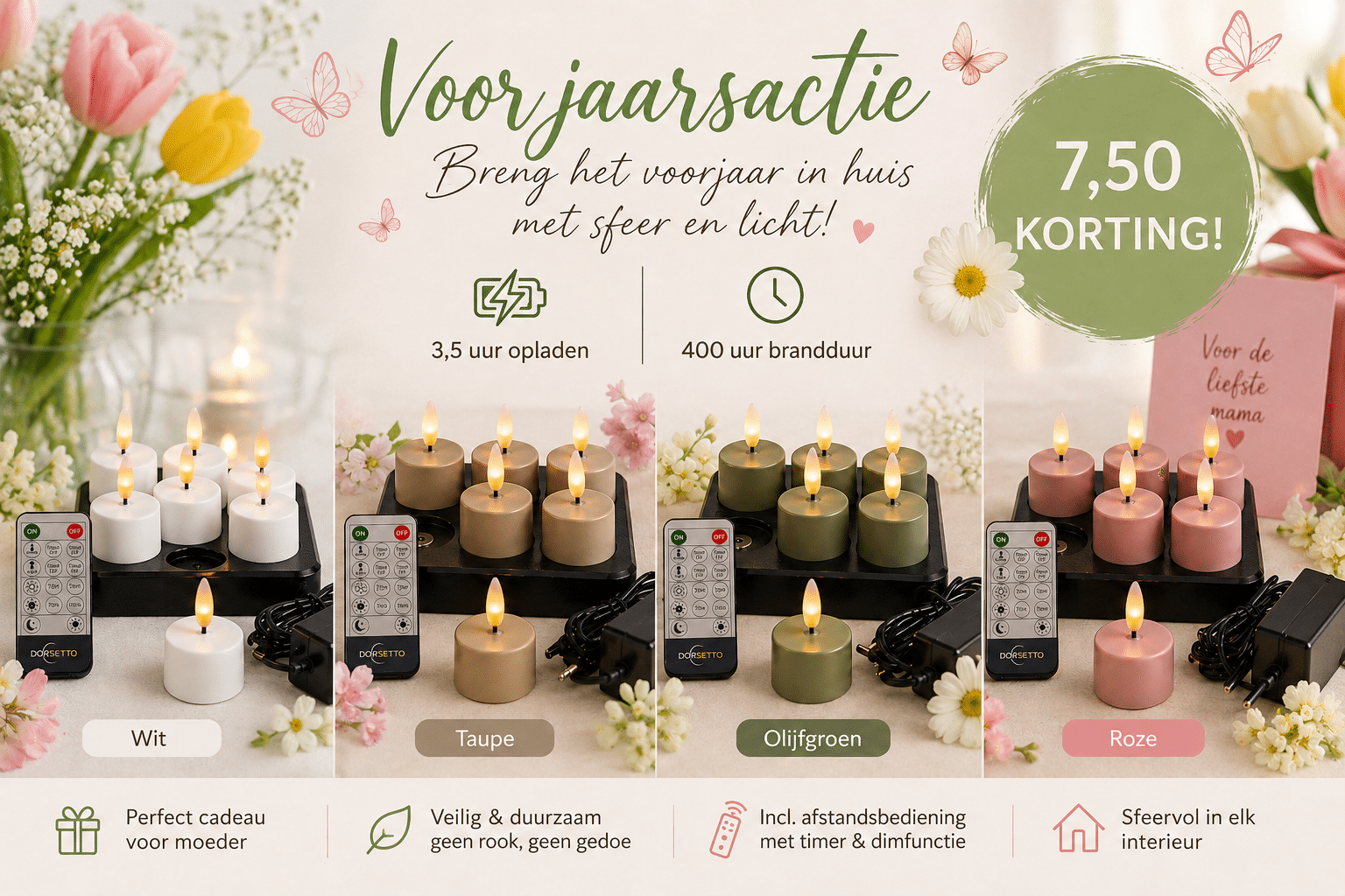 Vier sets LED theelichtjes in wit, taupe, olijfgroen en roze op oplaadplateaus met afstandsbedieningen. De tekst biedt voorjaarskorting en benadrukt functies zoals 3,5 uur opladen, 400 uur brandtijd en meerdere veiligheidsvoordelen.